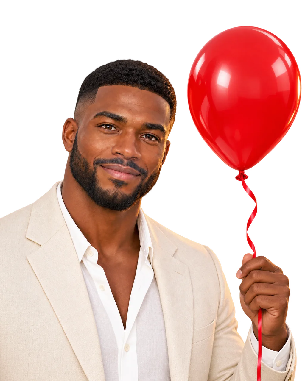 Smiling man in a tan linen jacket holding a red balloon
