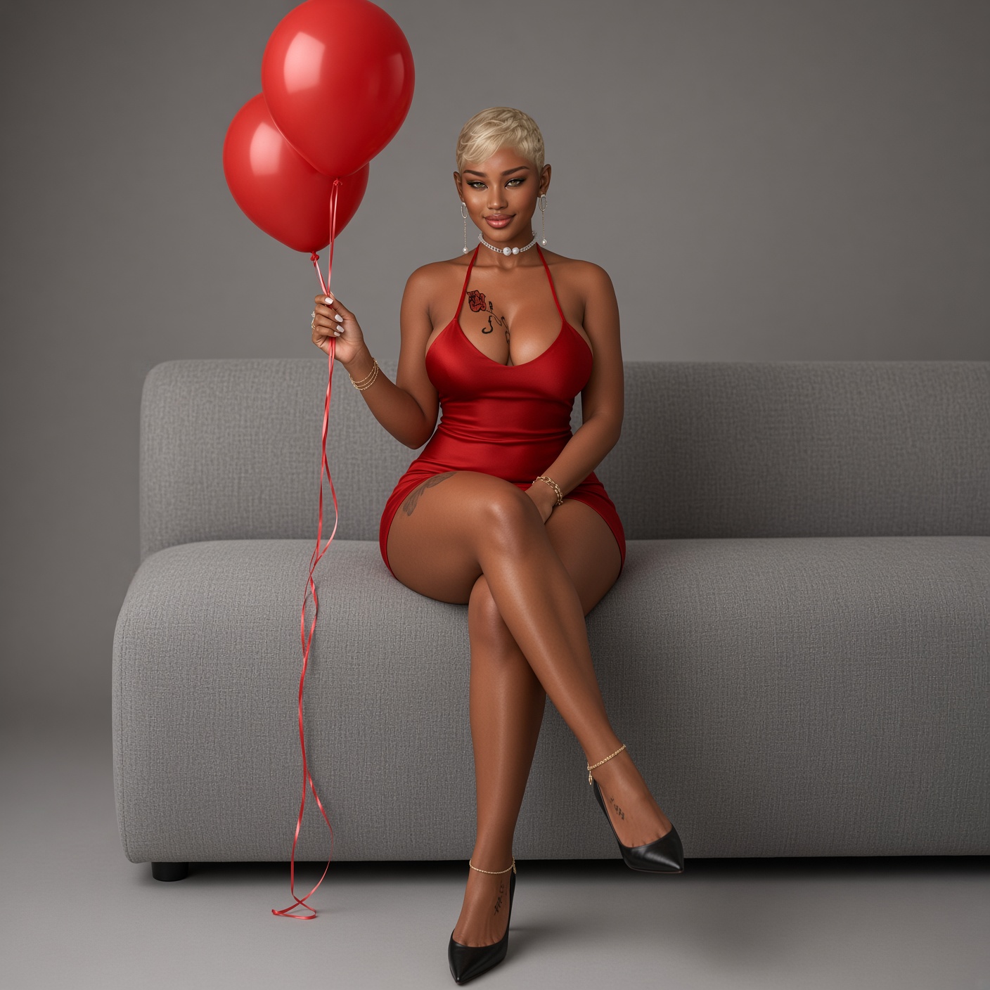 A smiling SaFIRE, Owner of The SL Dating Show & POp The Balloon or Find Love. wearing a red dress, sitting on a grew couah, holdig a two red balloons