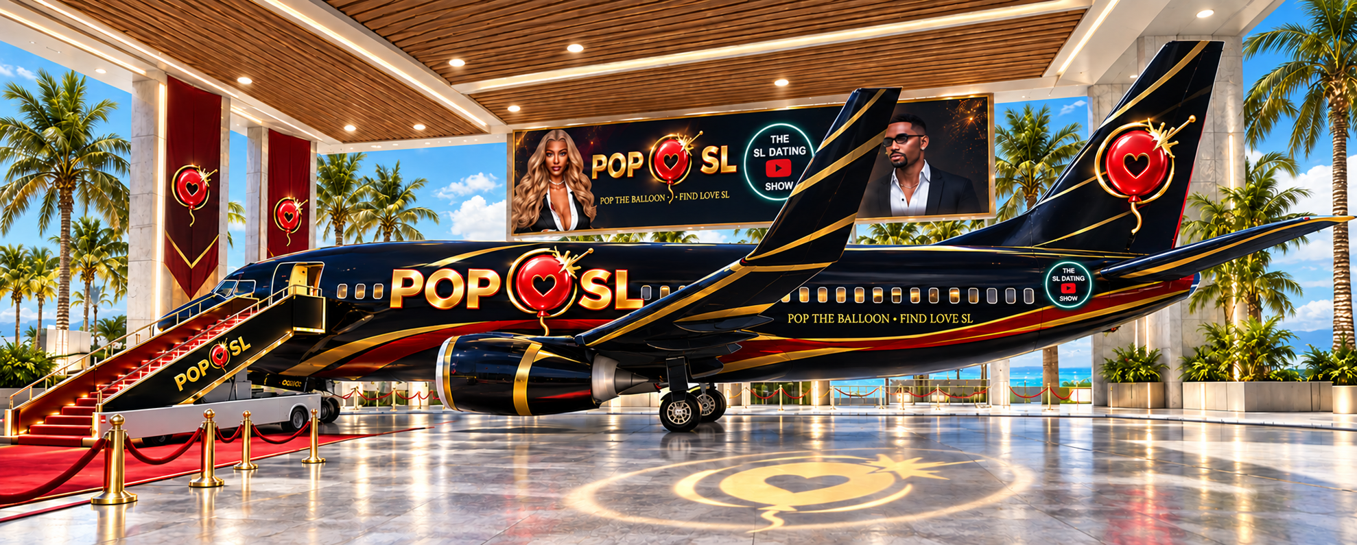 The Pop The Balloon SL Dating Show Logo. The Words POP SL written in BOLD GOLD letters bordered by red with a large, red balloon with a heart in its middle andd a golden pin popping the balloon